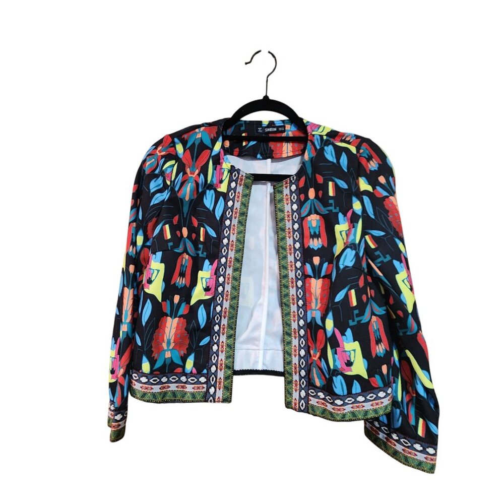 Shein Colorful Bohemian Open Front Jacket With Geometric & Floral Print